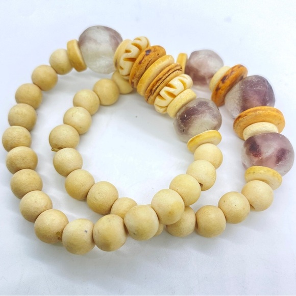 Boho Wood and Natural Beads Stretch Bracelet Pair - Picture 4 of 6